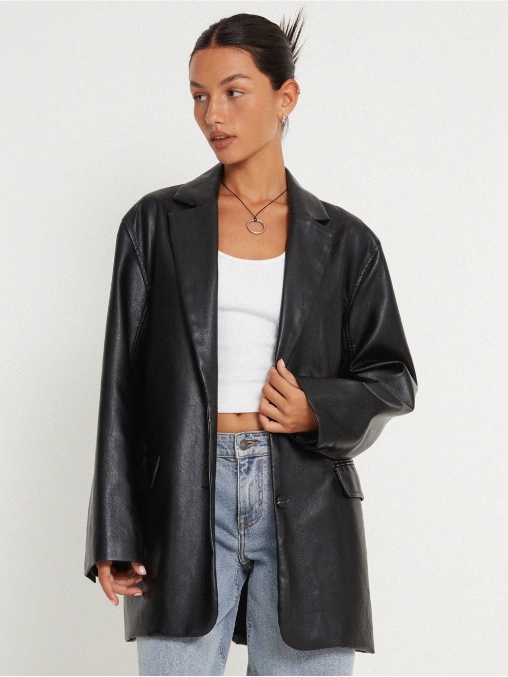 And now this Black Faux Leather Oversized Blazer Jacket for Women new with tags